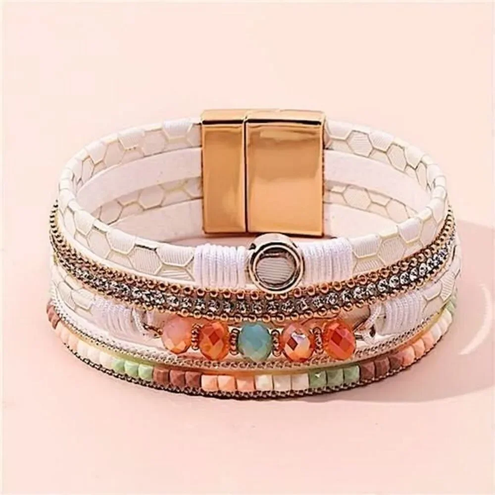 Boho White Multi-Layer Beaded Bracelet Magnetic Clasp Gemstone Accent Stackable